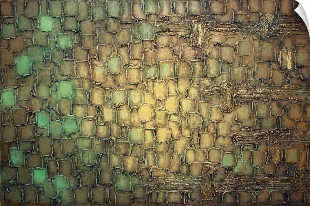 Abstract painting with green, brown, gold, and yellow squared brushstrokes layered on top of each other with thick outline...