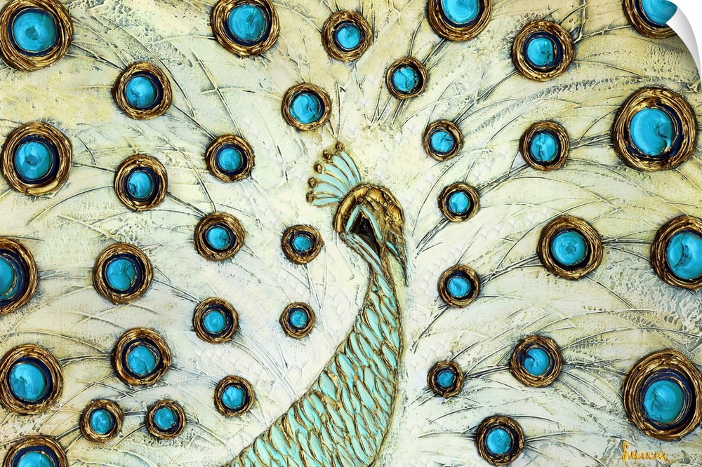 Contemporary painting of a peacock with blue and gold circular markings on its feathers in an impressionist style.