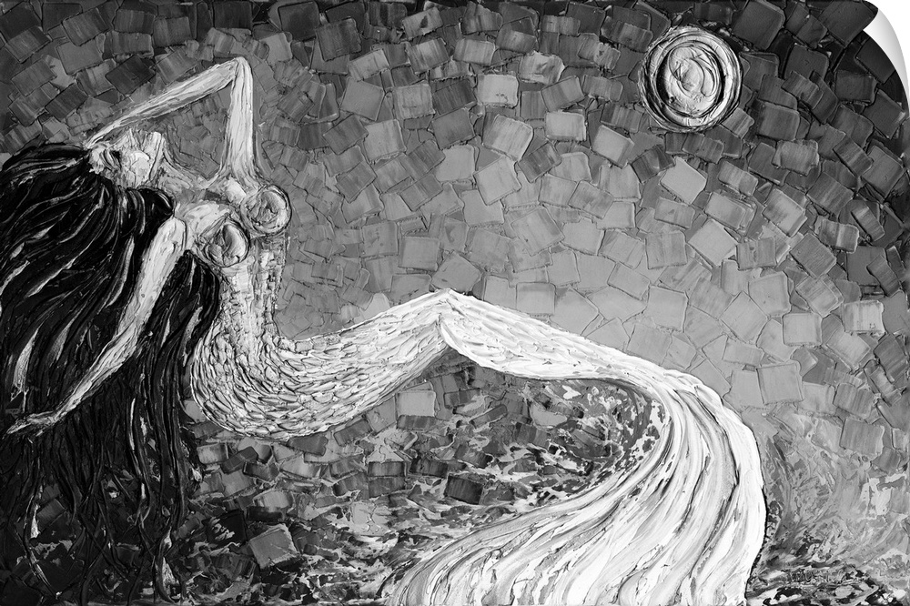 Black and white painting of a mermaid with long flowing hair on a background made with layered square brushstrokes.