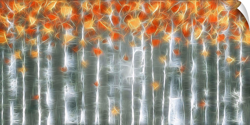 Abstract landscape art with tall Autumn trees in rows created with intertwining lines that looks like electricity.