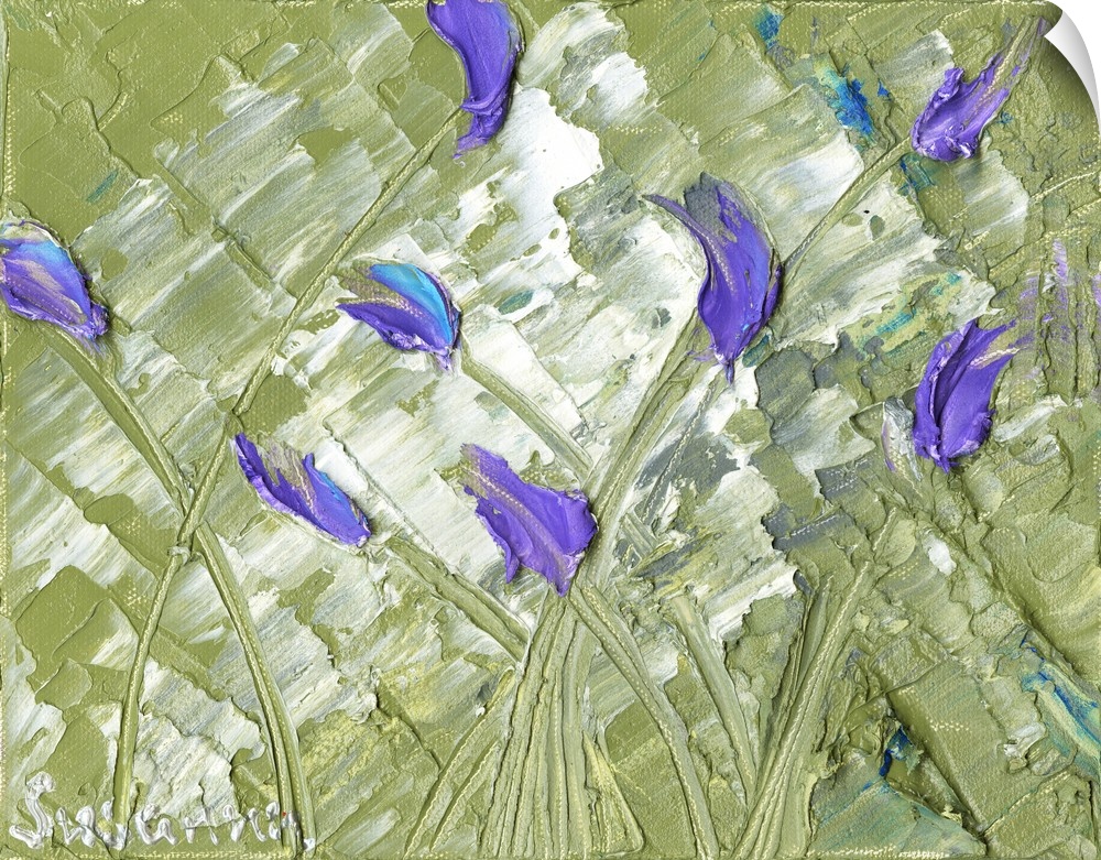 Large abstract painting with purple tulips on sage green background.