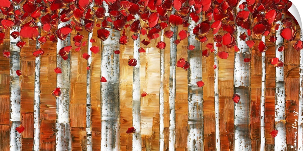 Autumn colors, red foliage birch trees over an abstract background in hues of warm brown and rust
