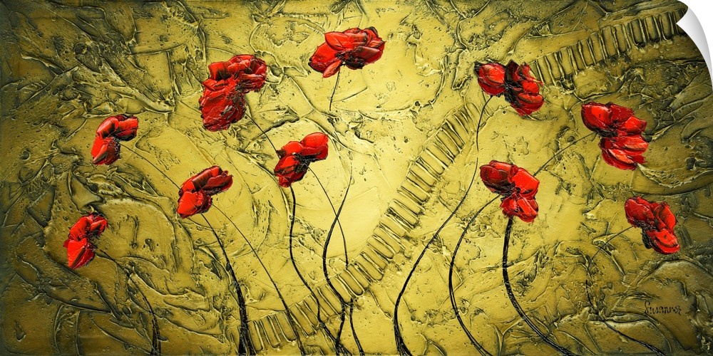 Contemporary painting of red poppies on gold textured background.