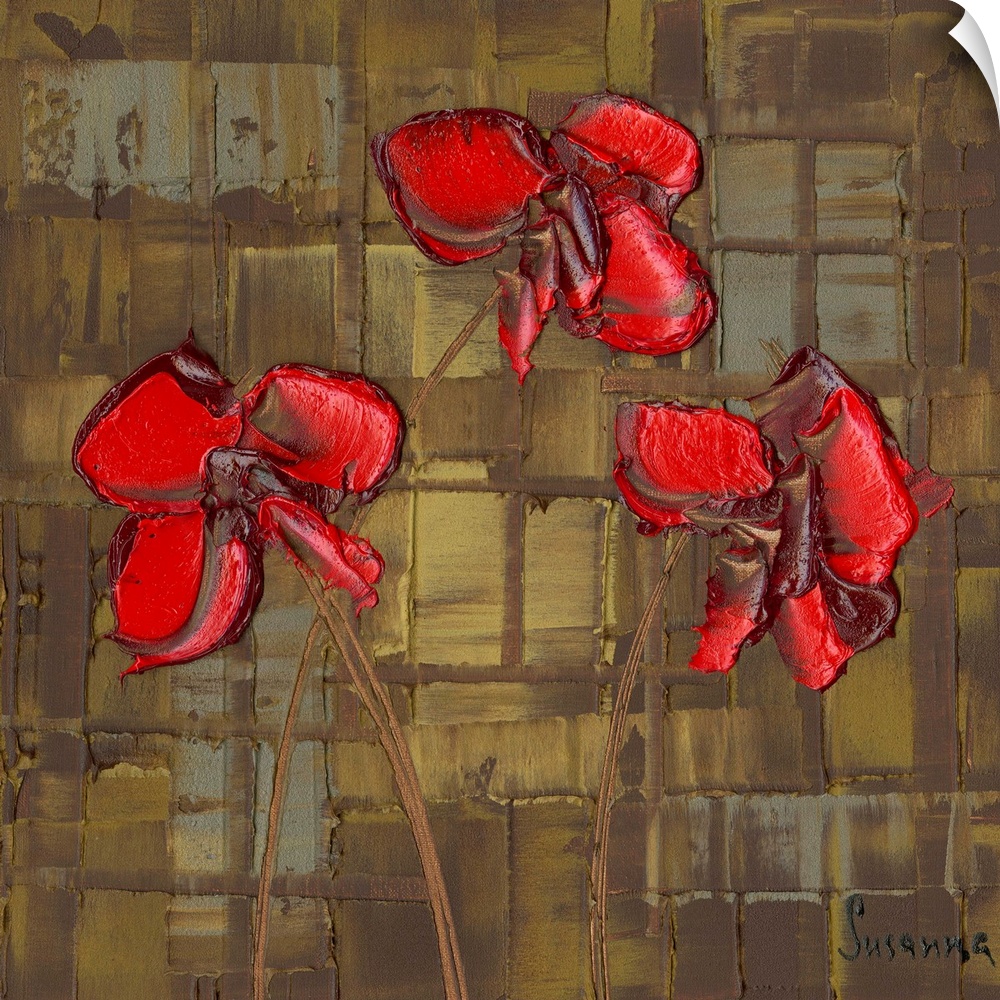 Contemporary painting of three bright red poppies on a brown, gray, and gold textured background with a grid-like pattern.