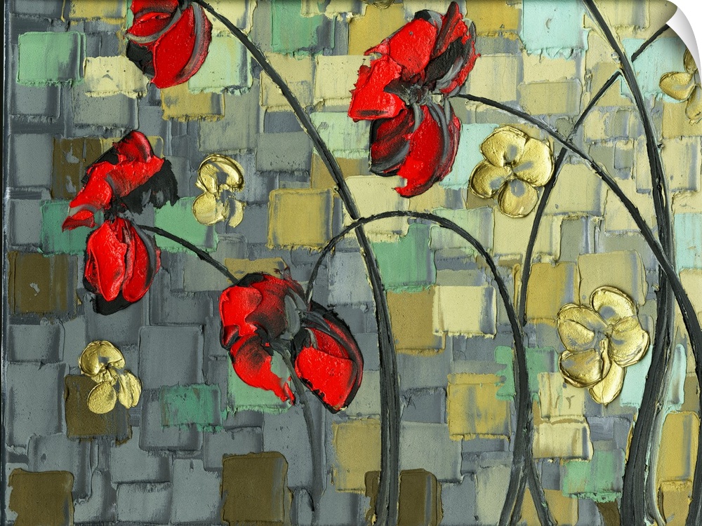 Abstract painting with a few red poppy flowers and small gold flowers on a background created with layered square in green...