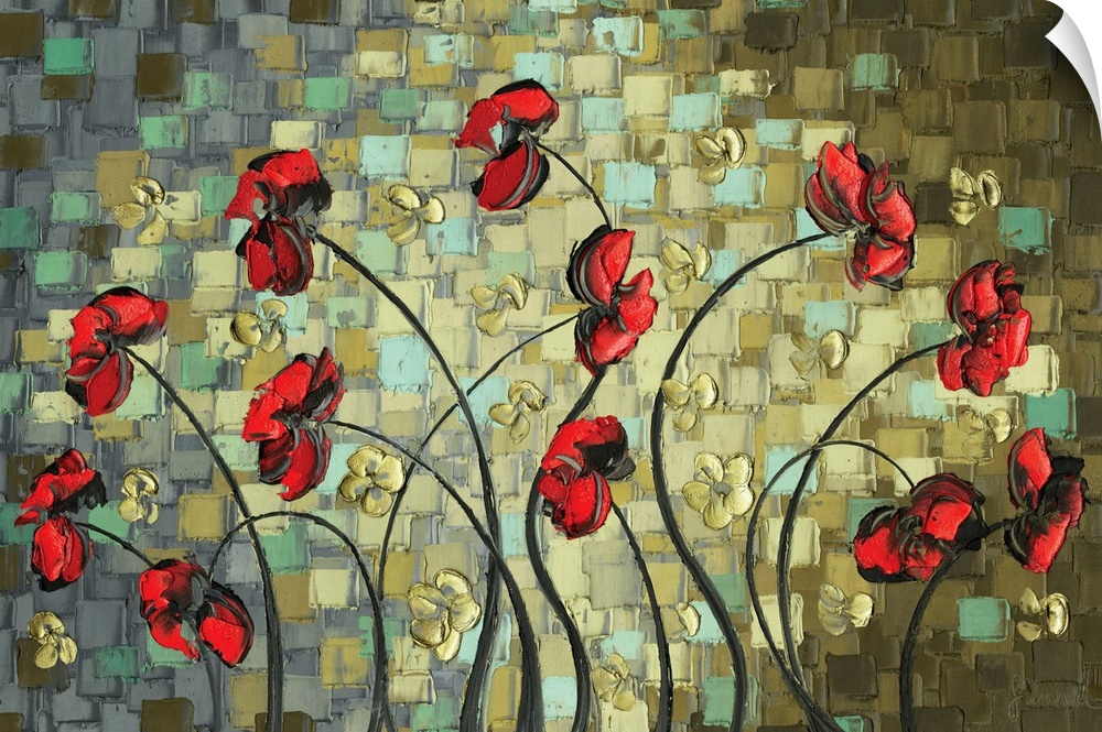 Abstract painting with red poppy flowers and small gold flowers on a background created with layered square in green, gold...