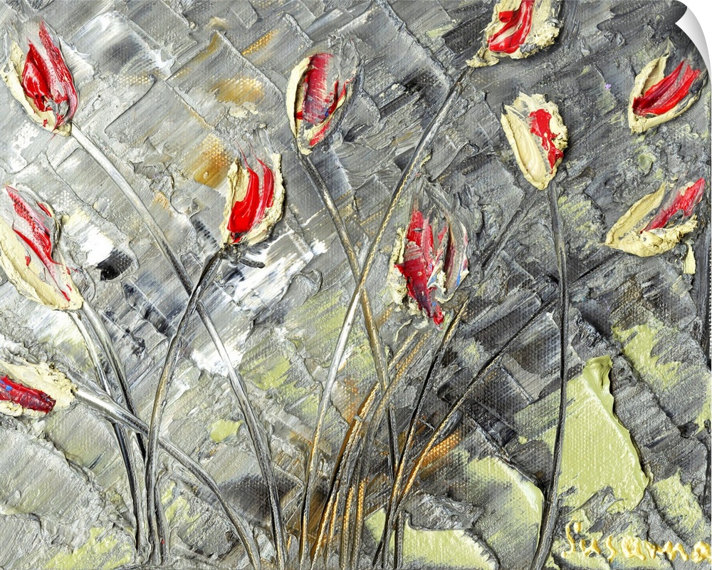 Abstract painting of red and yellow tulips on a gray textured background.