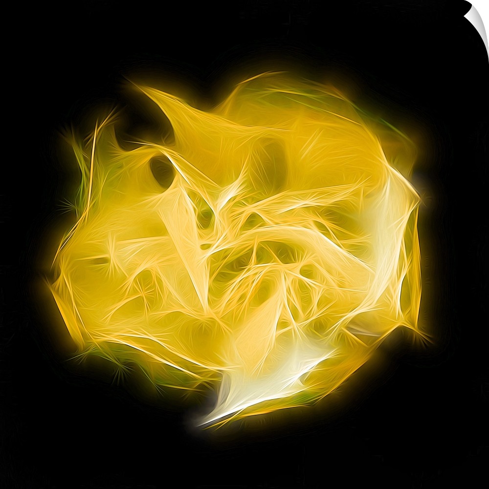 Square digital art with a bright yellow shape representing chakra, made with intertwining lines in the center of a solid b...