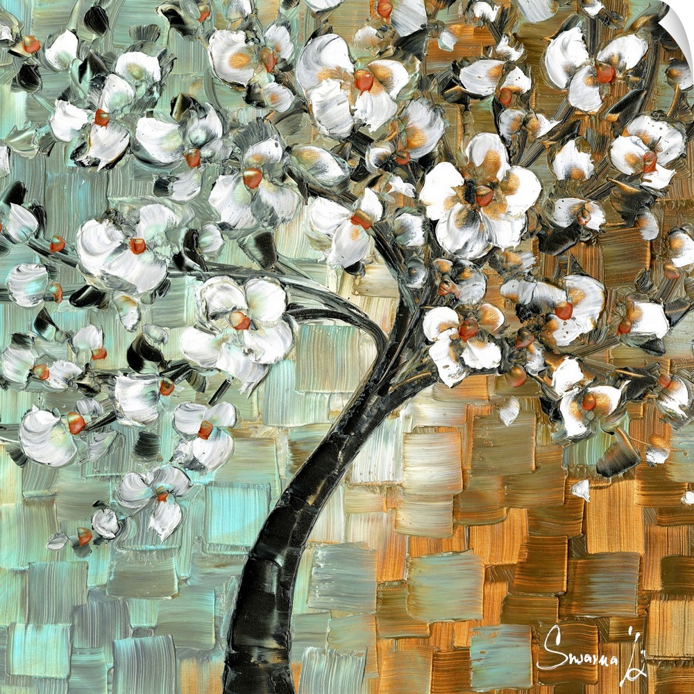 Contemporary painting of a tree with white flowers on a gold and light blue background created with layered squares on a s...
