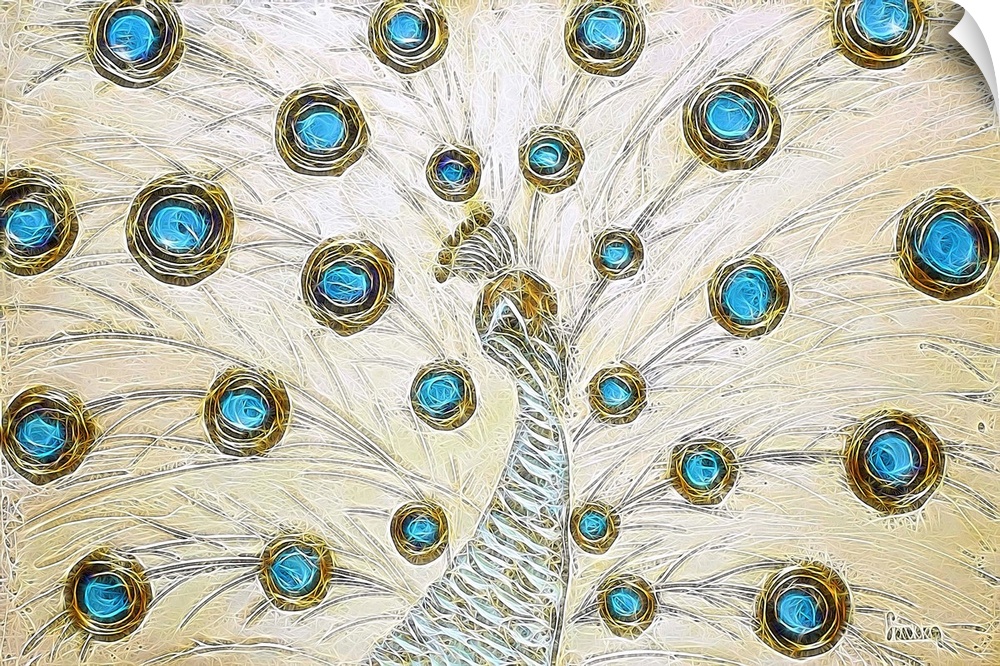 Digital illustration of a peacock with feathers taking up the whole canvas.