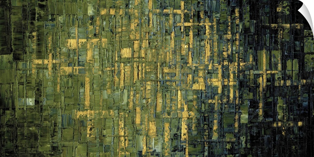 Large abstract painting with shades of green, gold, charcoal gray, and black.