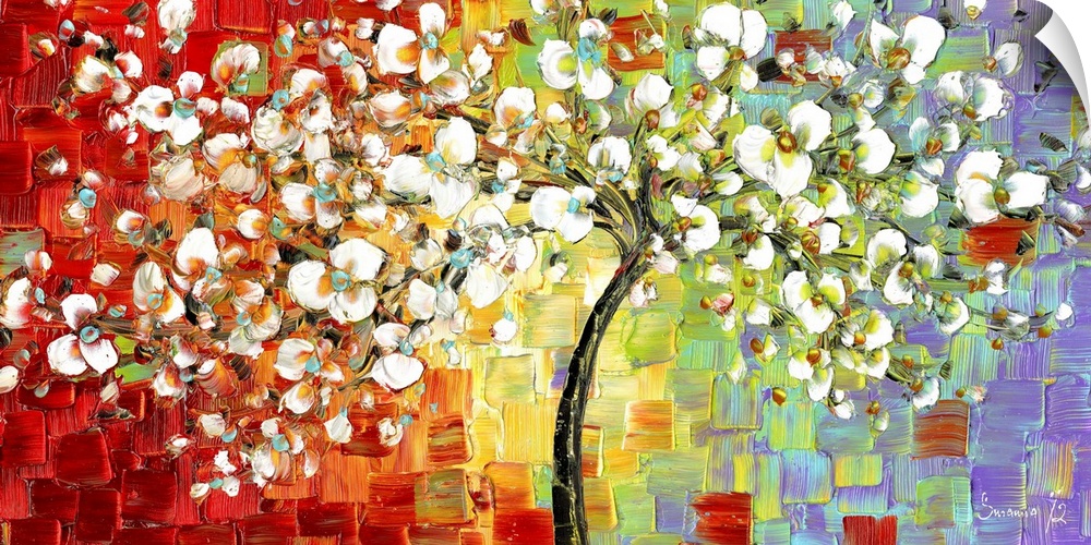 Contemporary painting of a tree with white blossoming flowers on a colorful background creates with red, yellow, green, an...