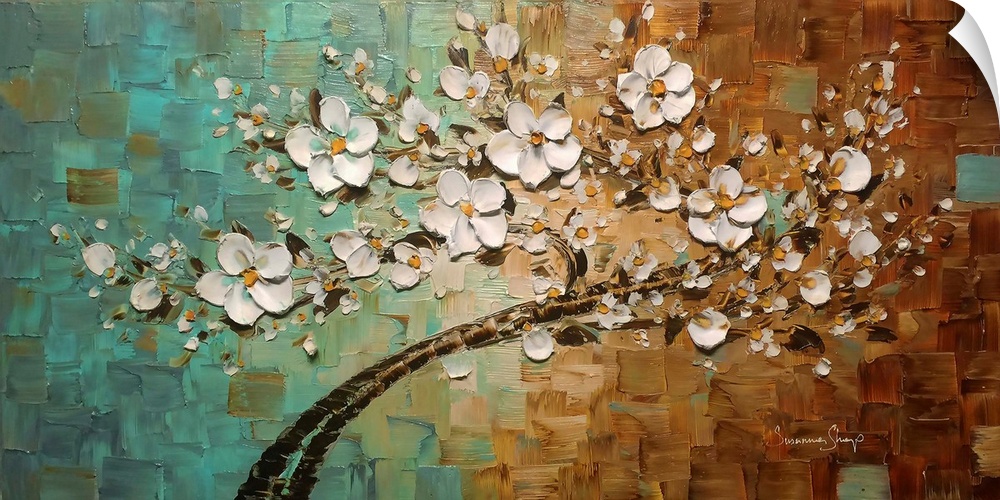 Contemporary painting of a branch filled with white flowers on a teal, orange, and cream background created with layered s...