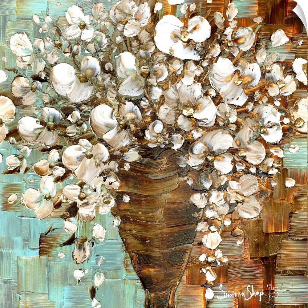 Abstract contemporary white floral bouquet in vase.