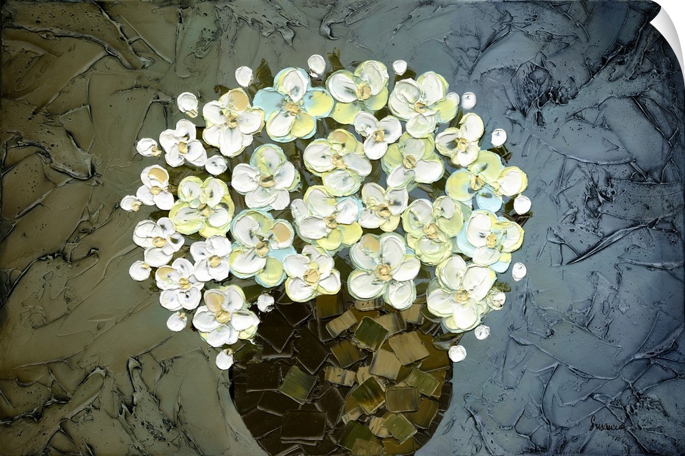 Large painting of flowers created with thick layers of green, white, yellow, and blue in a brown and green vase on a textu...