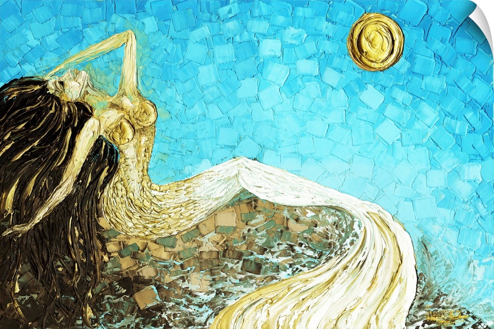 Mermaid Fantasy Art White Gold Blue Brown