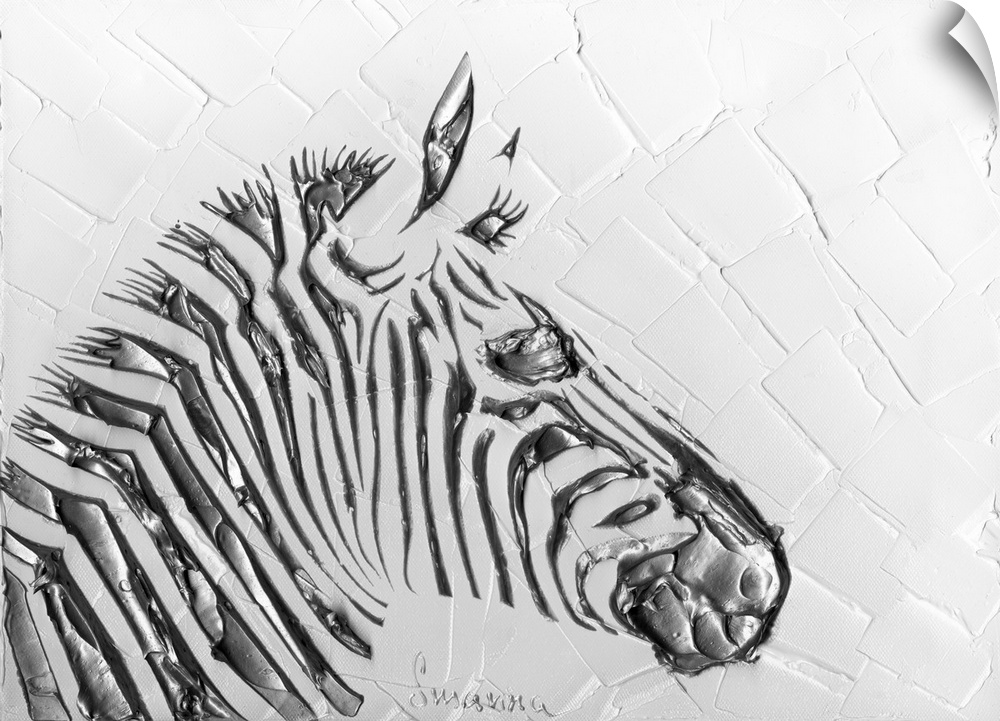 Contemporary painting of a silver zebra on a white background with palette knife textures.