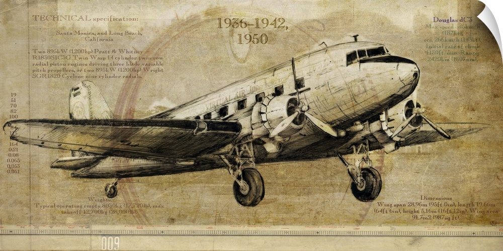 Contemporary artwork of a vintage airplane on a weathered background.