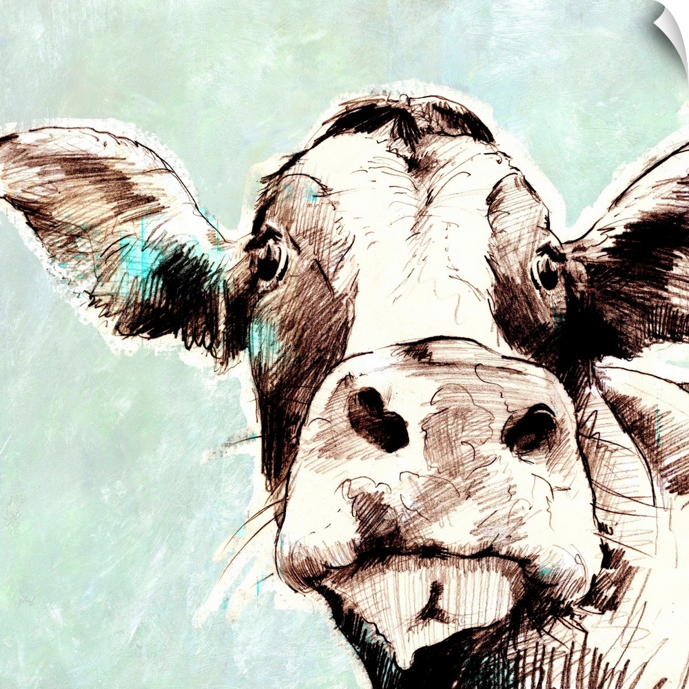 Contemporary artwork of a cow against a muted pale blue background.