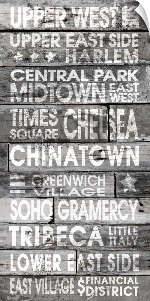 Contemporary artwork of locations in a stressed stencil style on a wood plank looking background.