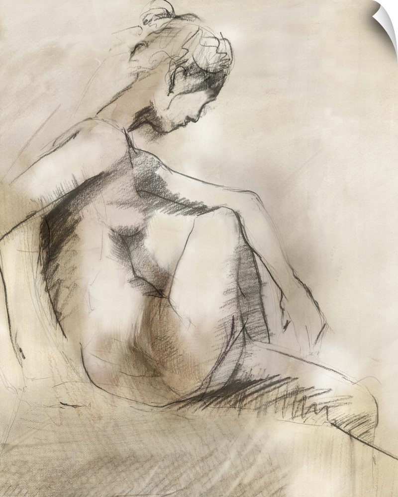 Contemporary drawing of a female nude profile, in a seated position.