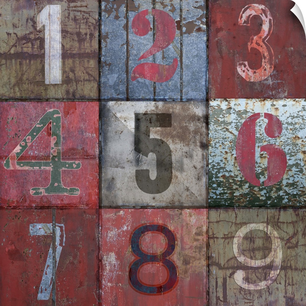 Contemporary artwork of numbers painted in different styles on a weathered surface.