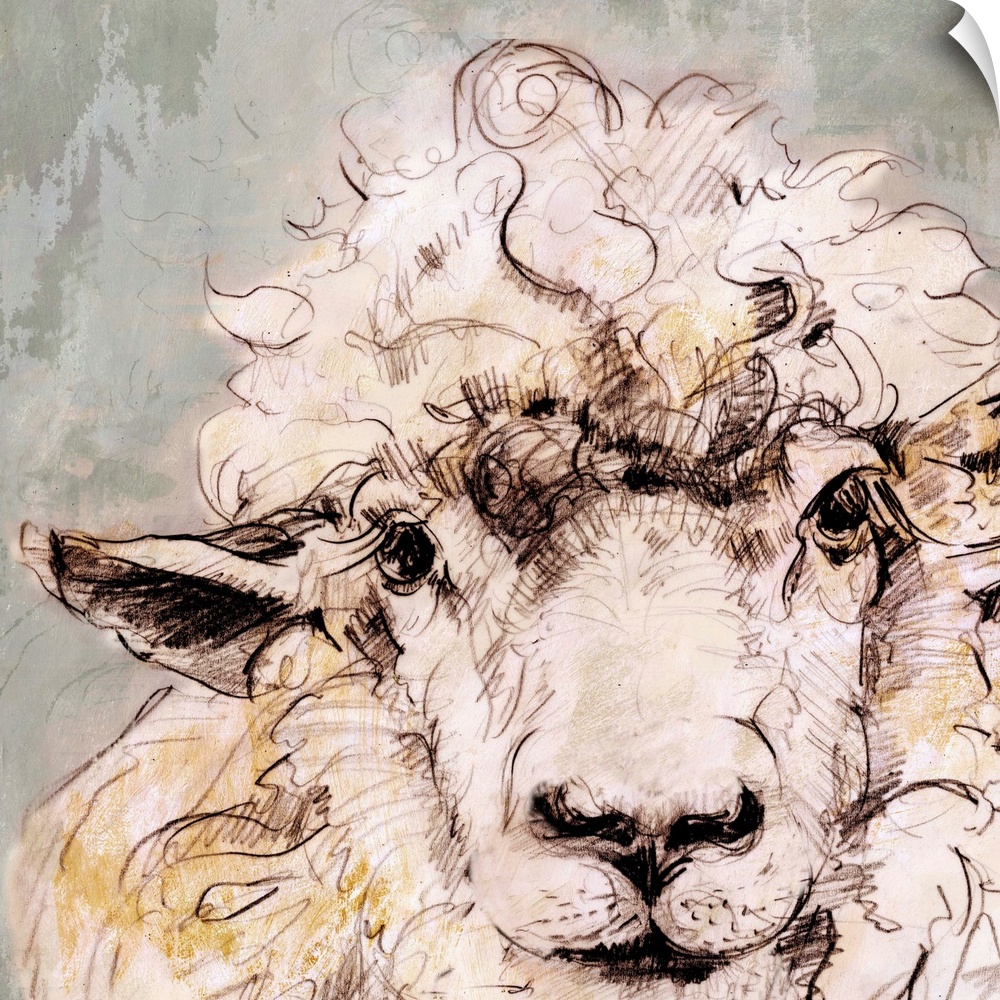 Contemporary artwork of a sheep against a muted pale gray background.