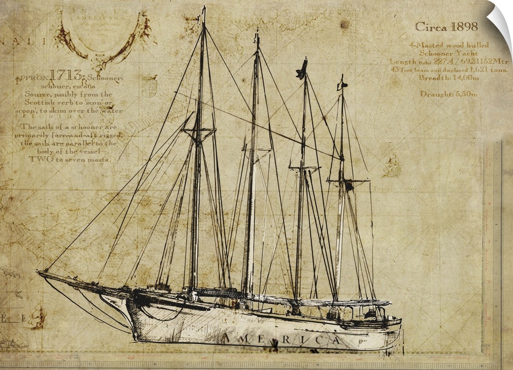 Contemporary artwork of a vintage looking drawing of a yacht.