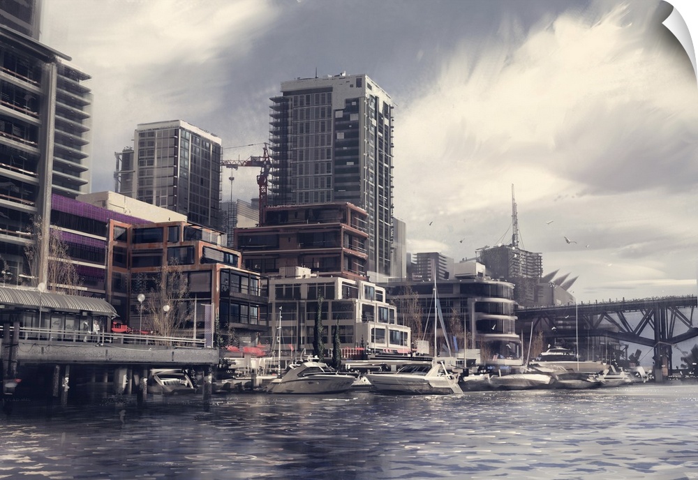 Painting of waterfront city inspired by Vancouver, BC.
