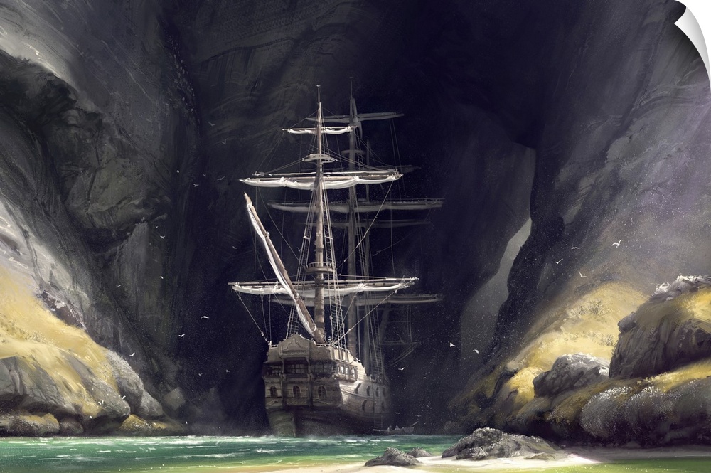 Painting of a pirate ship exploring a large coastal cave.