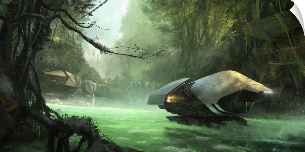 Painting of a sci-fi jungle environment.