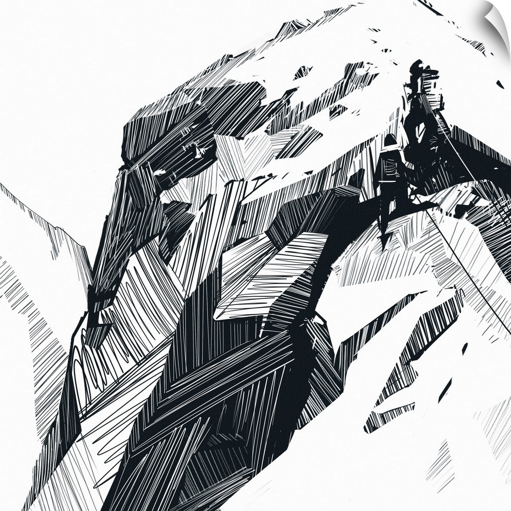 Stylized monochrome sketches of climbers in mountain landscapes.