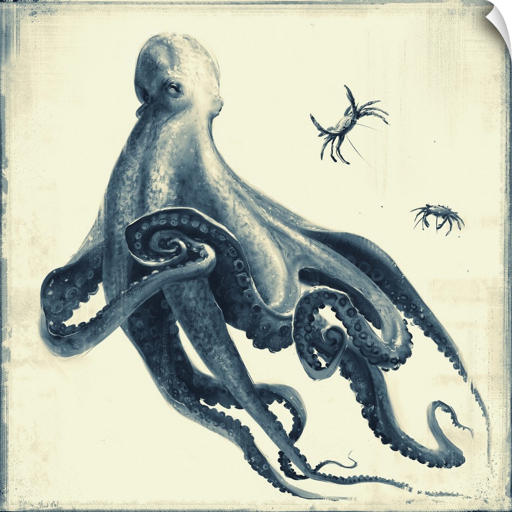 Monochrome painting of an octopus ready to eat crab.