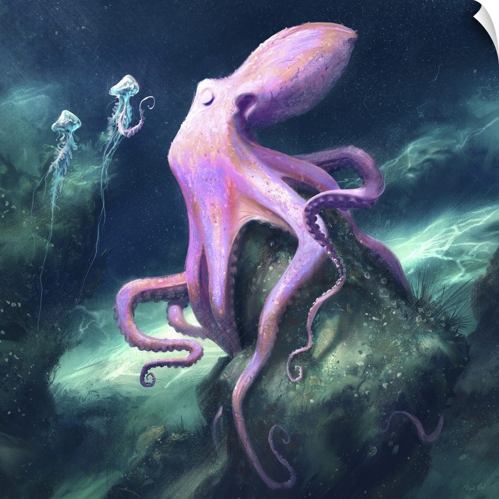 Painting of a pink octopus sleeping near jellyfish.