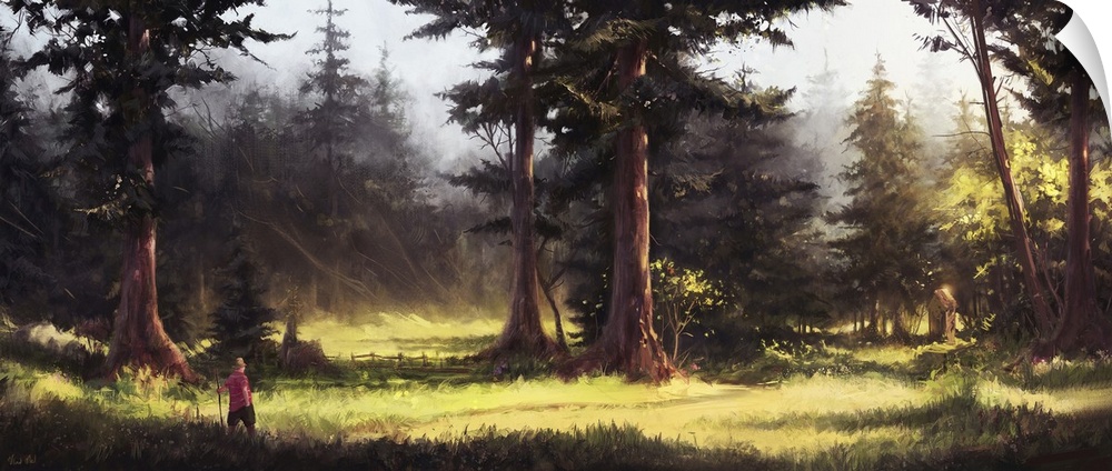 Painting of a forest scene and outhouse in afternoon light.