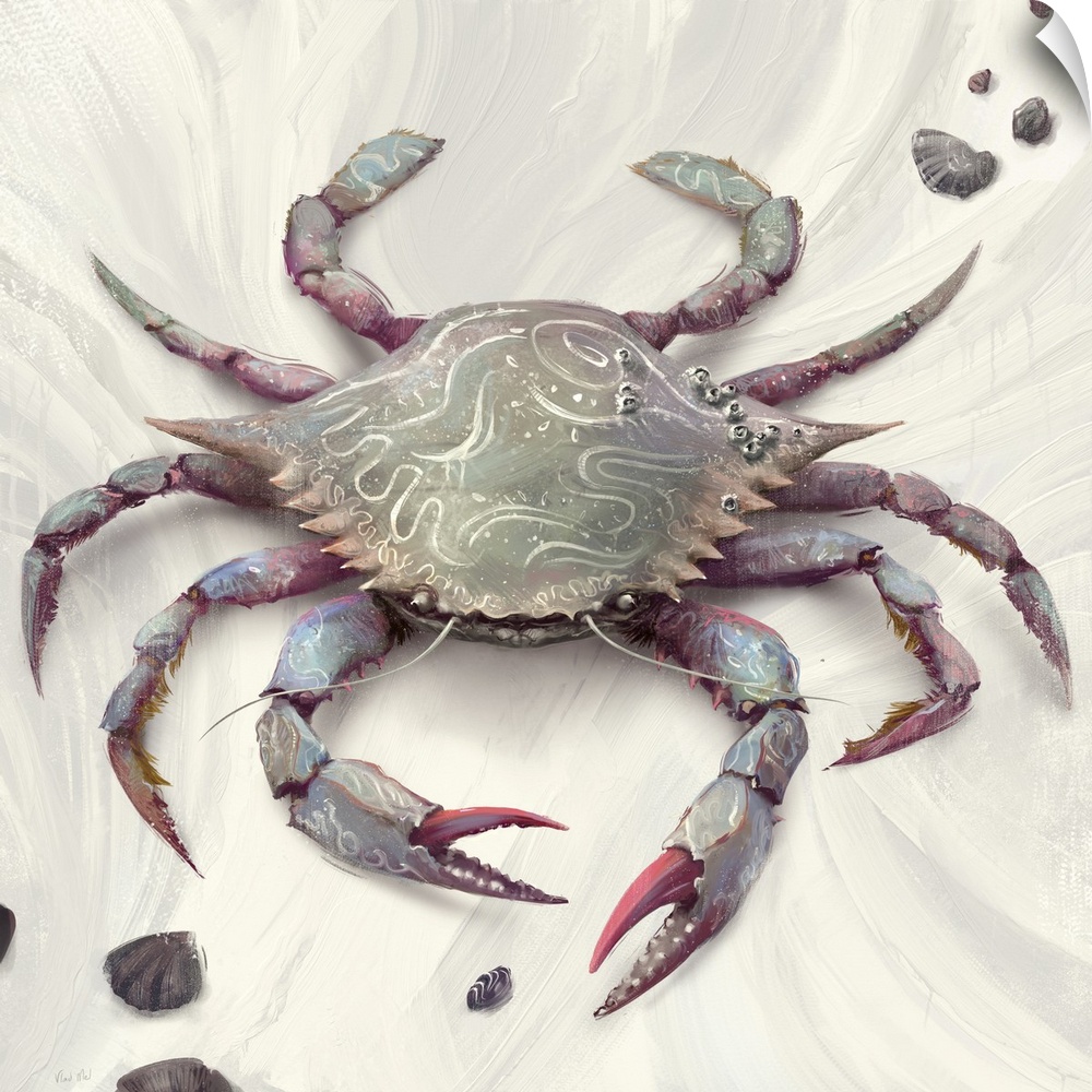 Painting of blue crab with seashells on abstract background.