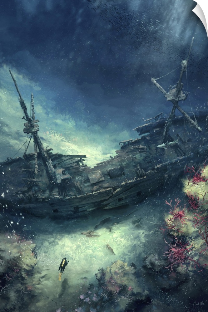 Painting of a sunken pirate ship wreck underwater with diver.