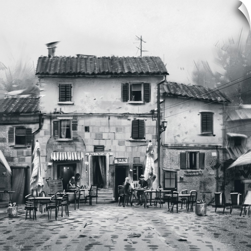 Monochrome painting of a rustic Tuscan bar.