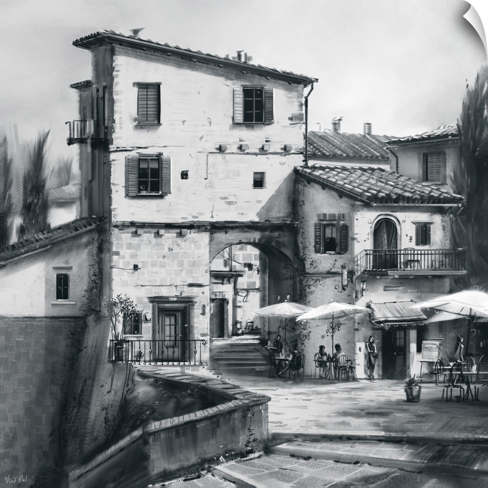 Monochrome painting of a Tuscan street.