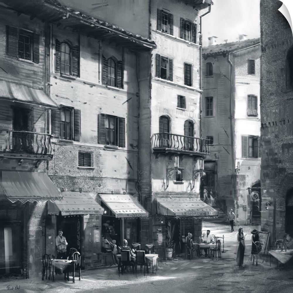 Monochrome painting of a rustic Tuscan town street.