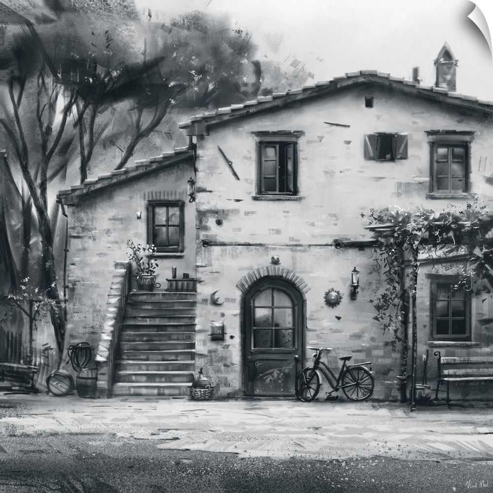 Monochrome painting of a rustic Tuscan villa structure.