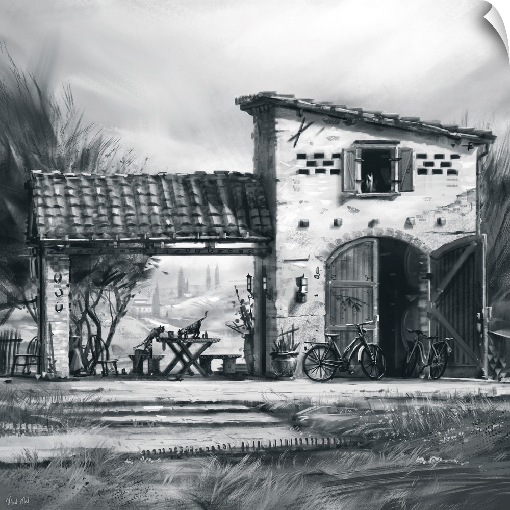 Monochrome painting of a rustic Tuscan wine storage structure.