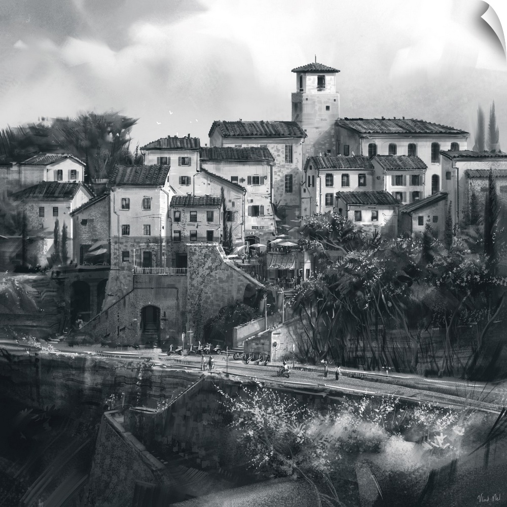 Monochrome painting of a Tuscan hillside town.