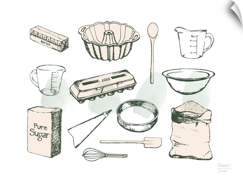 Baking themed kitchen drawing with baking ingredients.