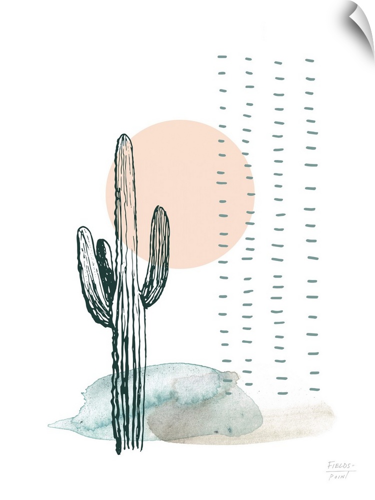 Abstract watercolor and ink painting of a cactus and sunset.