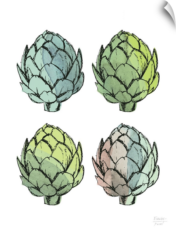 Four watercolor artichokes.