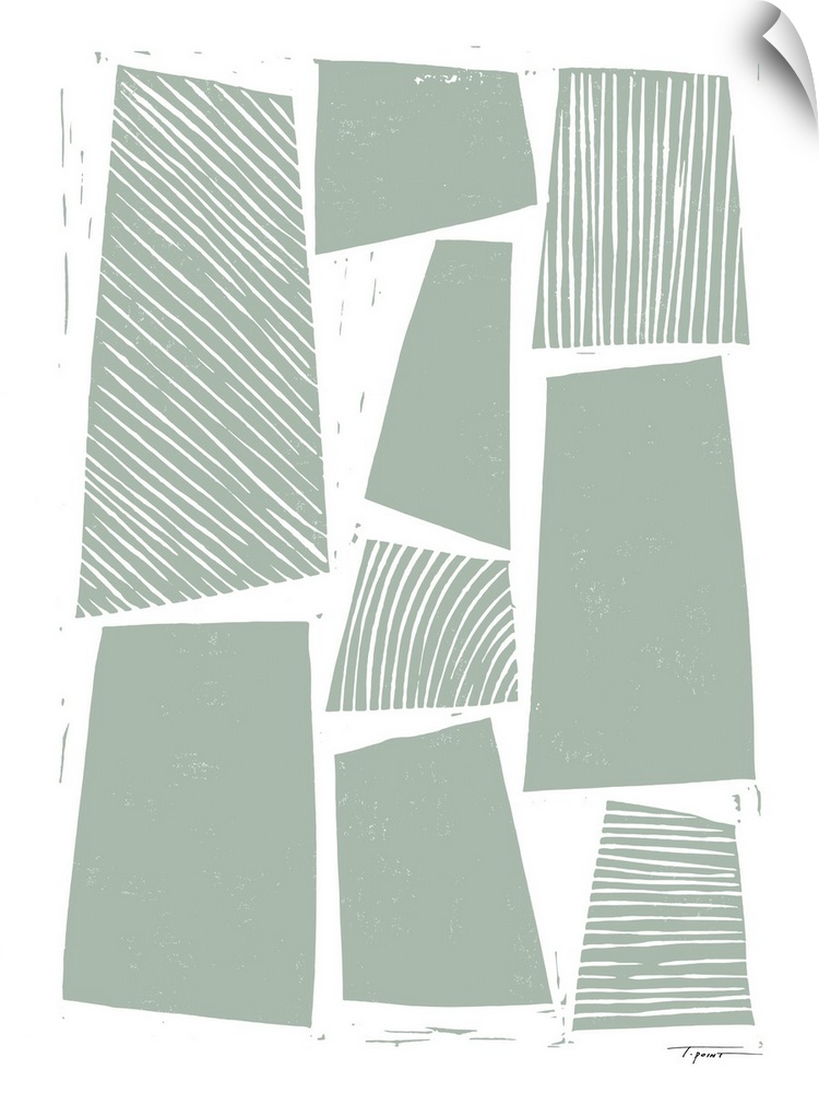 Abstract shapes with block print wood grain patterns in the color sage.
