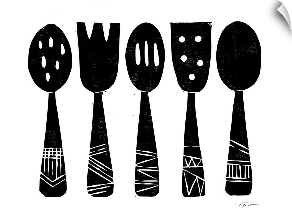 Block printed kitchen utensils in black.