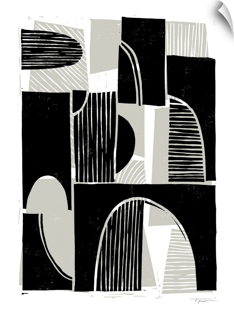 Modern abstract block print with taupe background shapes and black foreground shapes.