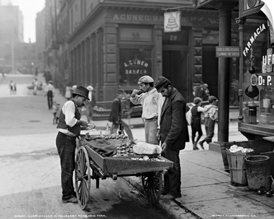 A clam seller on Mulberry Bend in New York City, 1900